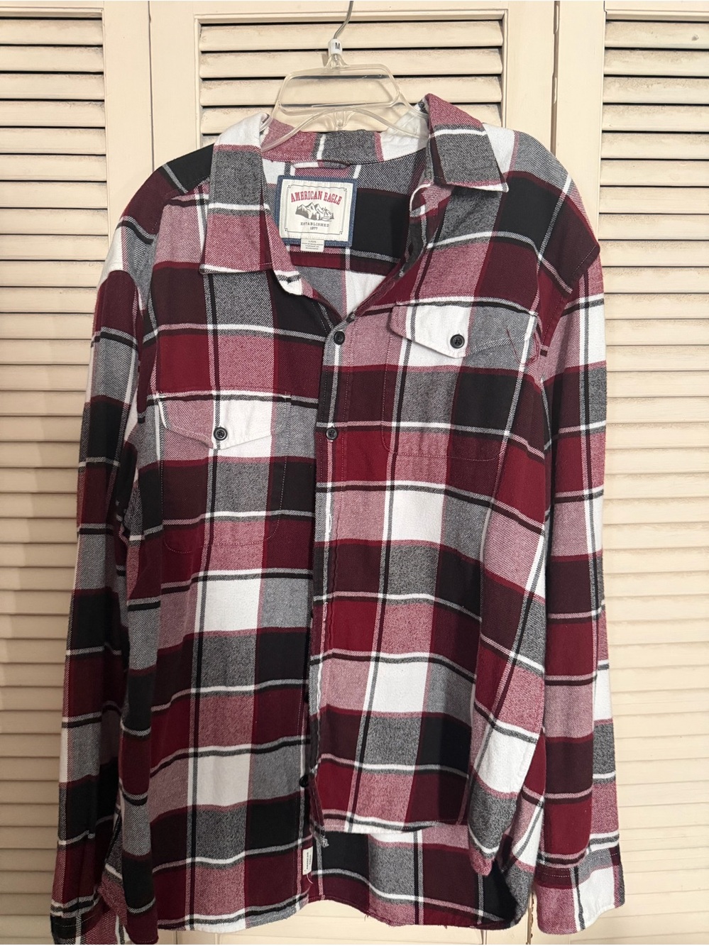 American Eagle Outfitters Men's Burgundy, Black & White Plaid Button-Down Shirt